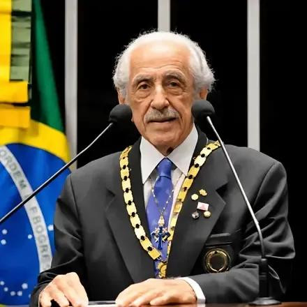 Alberto Mansur, de terno escuro e colar dourado de honraria, discursando à tribuna diante de dois microfones, com a bandeira do Brasil ao fundo