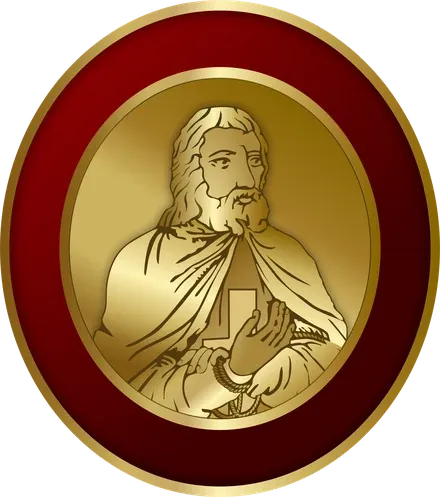 Medalha dourada da Corte Chevalier, com a figura em relevo sobre fundo bordô